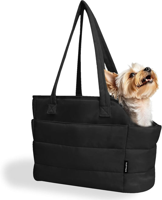 Lightweight Dog Purse Carrier for Small Dogs Under 15 lbs, Puffy Quilted Pet Carrier Tote for Puppies with Safety Leash Clip, Women's Hands-Free Dog Carrier Bag for Travel/Shopping (Black)
