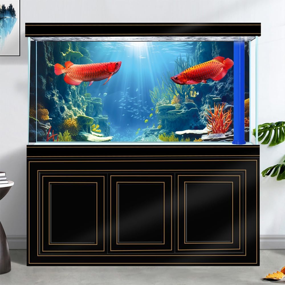 72X16IN Blue Sea Floor Aquarium Background, Natural Underwater World 3D Effect Fish Tank Decorations Background, Art Terrarium Background with 8 EVA Double-Sided Tape