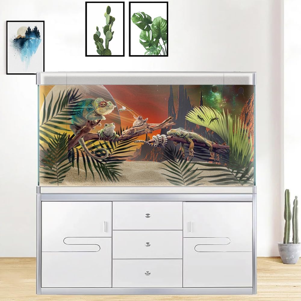 Cosmic Mars Aquarium Background,Galaxy Cool Parallel Space Themed Fish Tank Background, Tropical Desert Terrarium Background 48X18IN with 8 EVA Double-Sided Tape