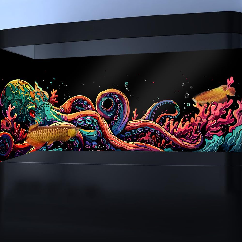 24X16IN Blacklight Octopus Sea Monster HD 3D Black Light Aquarium Background UV Reactive Background Terrarium Background with 10 EVA Double-Sided Tape