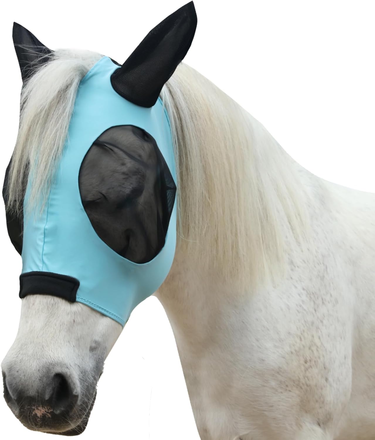 Horse Fly Mask with Ears - Large Eye Space for Full Vision, Breathable Stretch Comfort Fit, UV Protection, Forelock Opening, Easy Pull-On Paleblue Cob