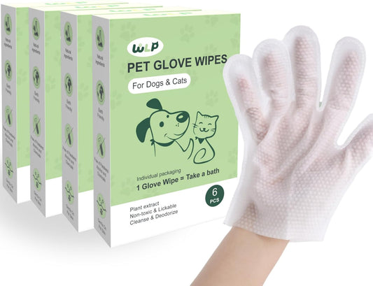 WLP Pet Glove Wipes for Dogs & Cats, Cleaning Deodorizing Hypoallergenic Hydrating Grooming Wipes, Individually Wrapped, Enriched with Aloe & Jojoba Oil for Daily Care, Traveling (24 PCS)