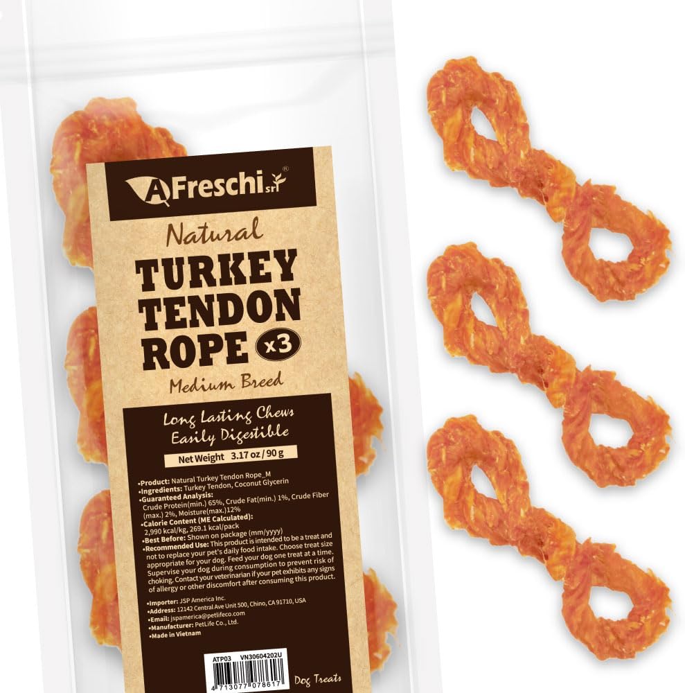 Afreschi Turkey Tendon Rope (M) 3.17 oz, USA-Sourced Turkey Tendon, All Natural Human Grade Dog Chew, Hypoallergenic, Rawhide Alternative, Dog Treats for Medium Breeds