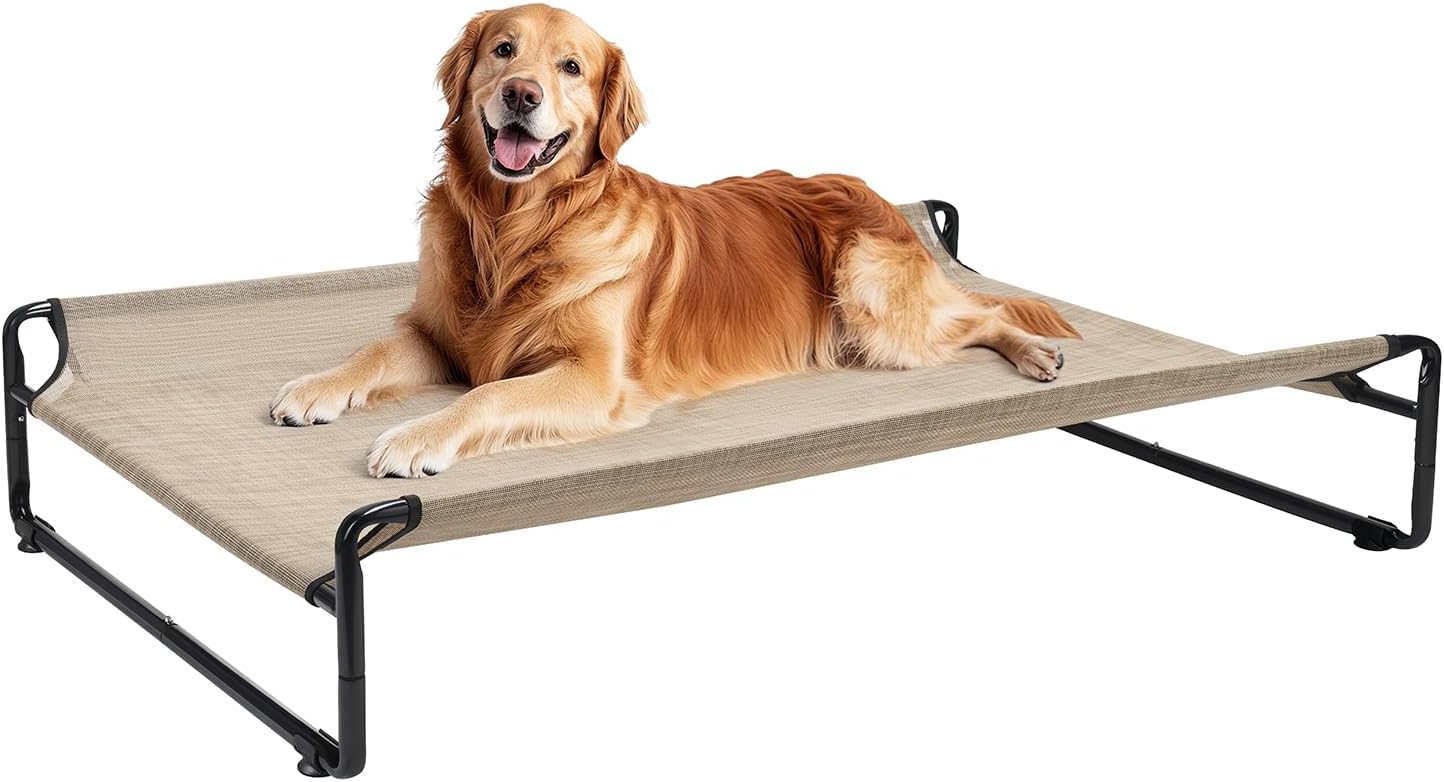 Veehoo Original Outdoor Elevated Dog Bed, Cooling Raised Dog Cot for Large Dogs, Portable Standing Pet Hammock Platform with Washable Breathable Mesh, No-Slip Feet, 43" x 30", Beige Coffee