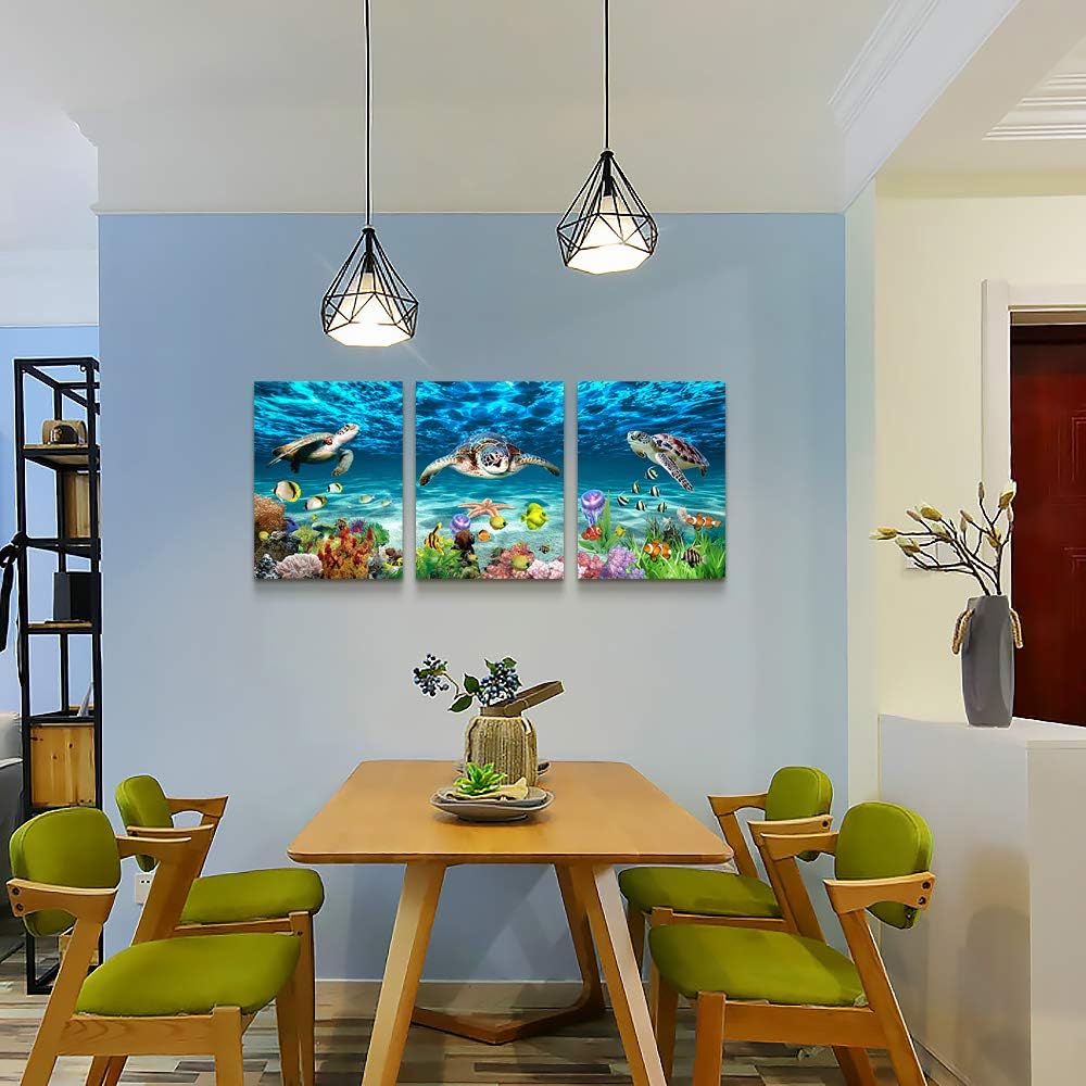 Canvas Wall Art for Living Room Large Size Wall decor for Bedroom Bathroom Wall Decoration blue Ocean Sea Turtle Paintings Modern shark Pictures Artwork office Decor Ready to Hang 16" x 24" 3 Piece