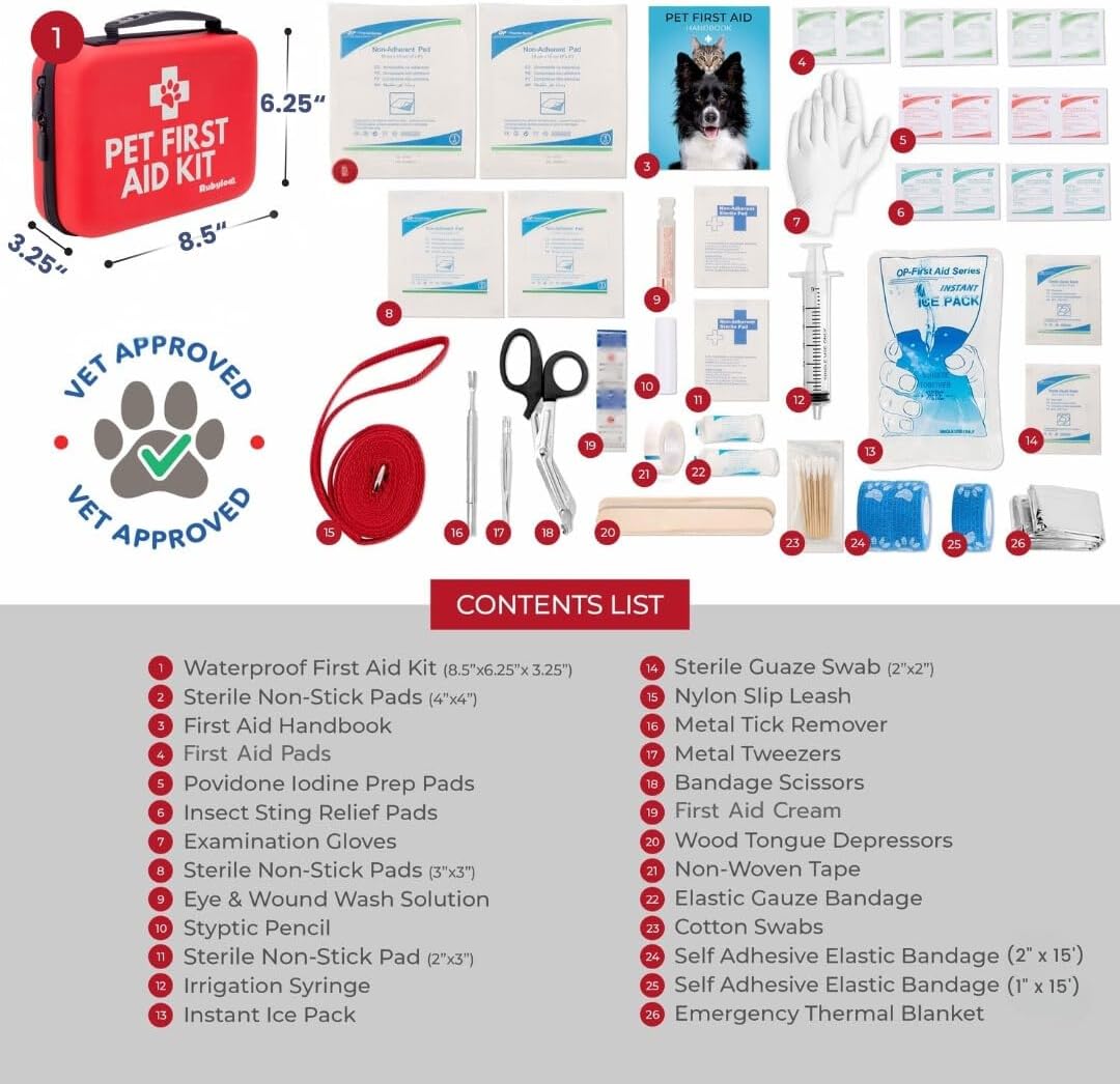 Dog First Aid Kit - Vet Approved Pet First Aid Supplies to Treat Dogs & Cats in an Emergency - Pet First Aid Kit Guide, Tick Remover, Slip Leash & Medical Essentials for Home, Camping, Car, RV, Travel