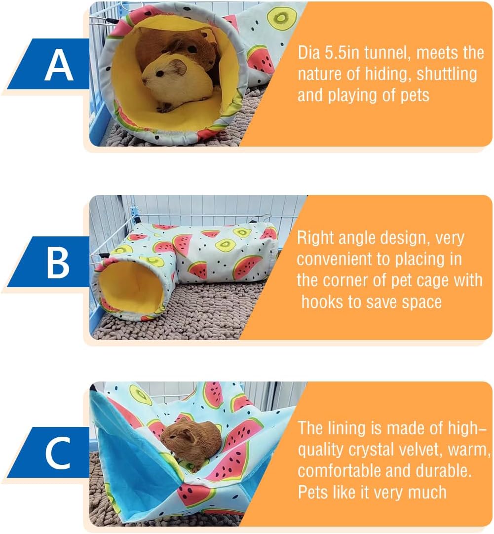 Large Caliber Guinea Pig & Rat Tunnel Hideout & Hammock, Corner Hideout Toy for Guinea Pig, Ferret, Hedgehog & Piggy to Hide and Shuttle (3. Hammock&Tunnel-Watermelon)