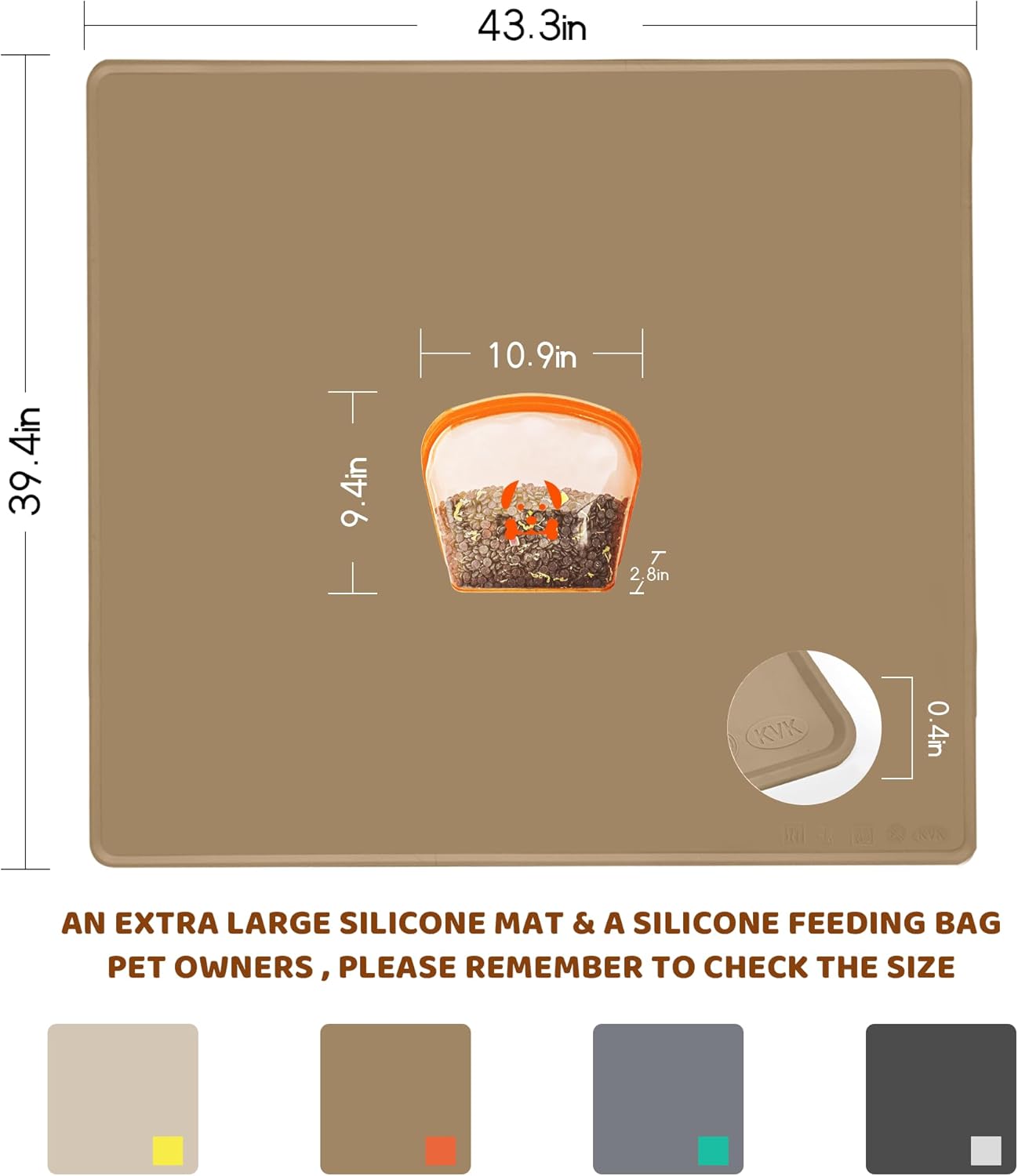 KVK Extra Extra Large Silicone Dog Food Mat 39.4×43.3in and 128oz Silicone Bag Set, Super Size Waterproof Pet Feeding Mat & Container, Non-Slip, Chew-Resistant Floor Protection (Taupe&Orange)