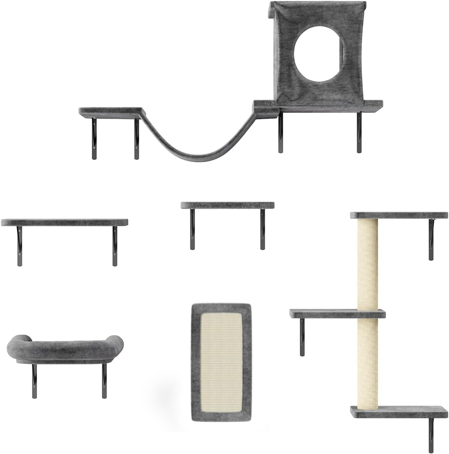 NUNU LAB Cat Wall Shelves, 6 Pcs Luxury Wall-Mounted Cat Climber Set, Indoor Cat Furniture with 1 Condos House, 2 Cat Wall Shelves, 1 Scratching, 1 Bridge Ladder, 1 Scratching Pad, Dark Gray