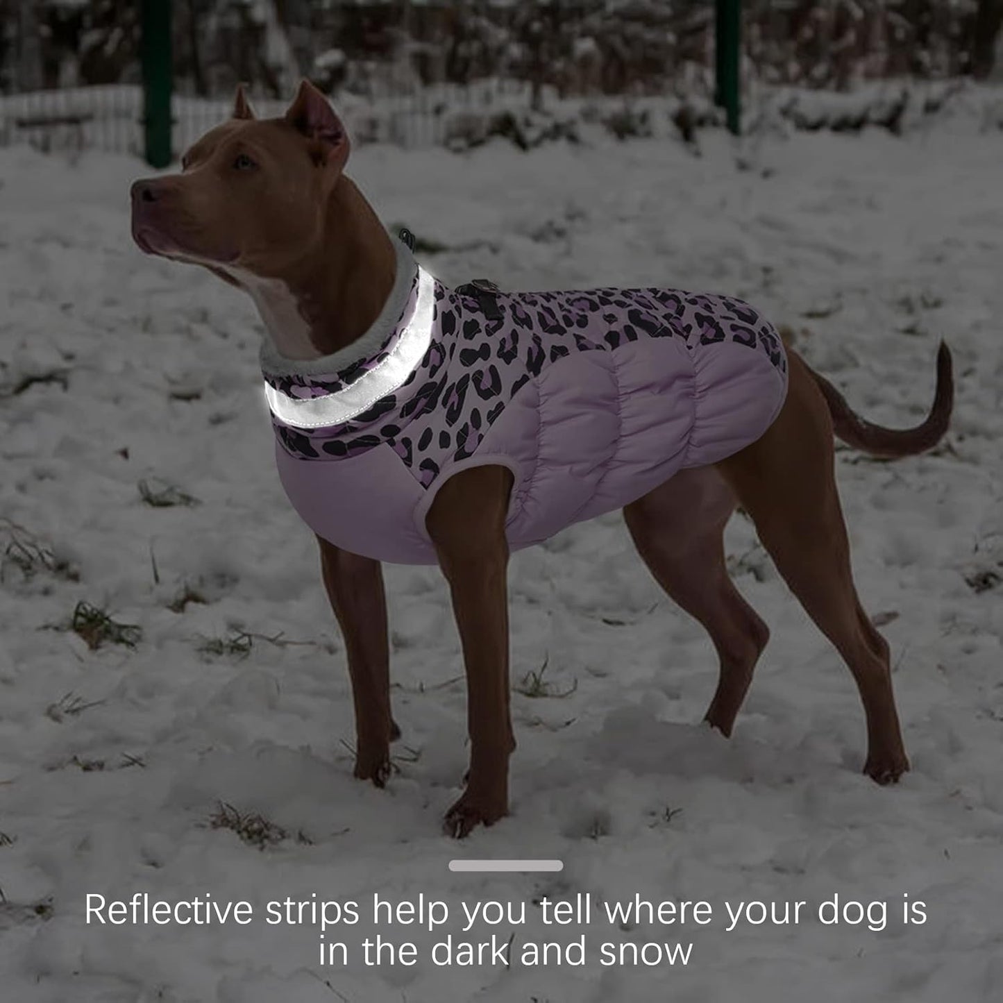 FUAMEY Dog Coat for Large Dogs,Waterproof Dog Winter Jacket with Harness Built in Puppy Cold Weather Coats Reflective Pet Vest with Zipper Warm Fleece Dogs Snowsuit Windproof Purple Leopard L