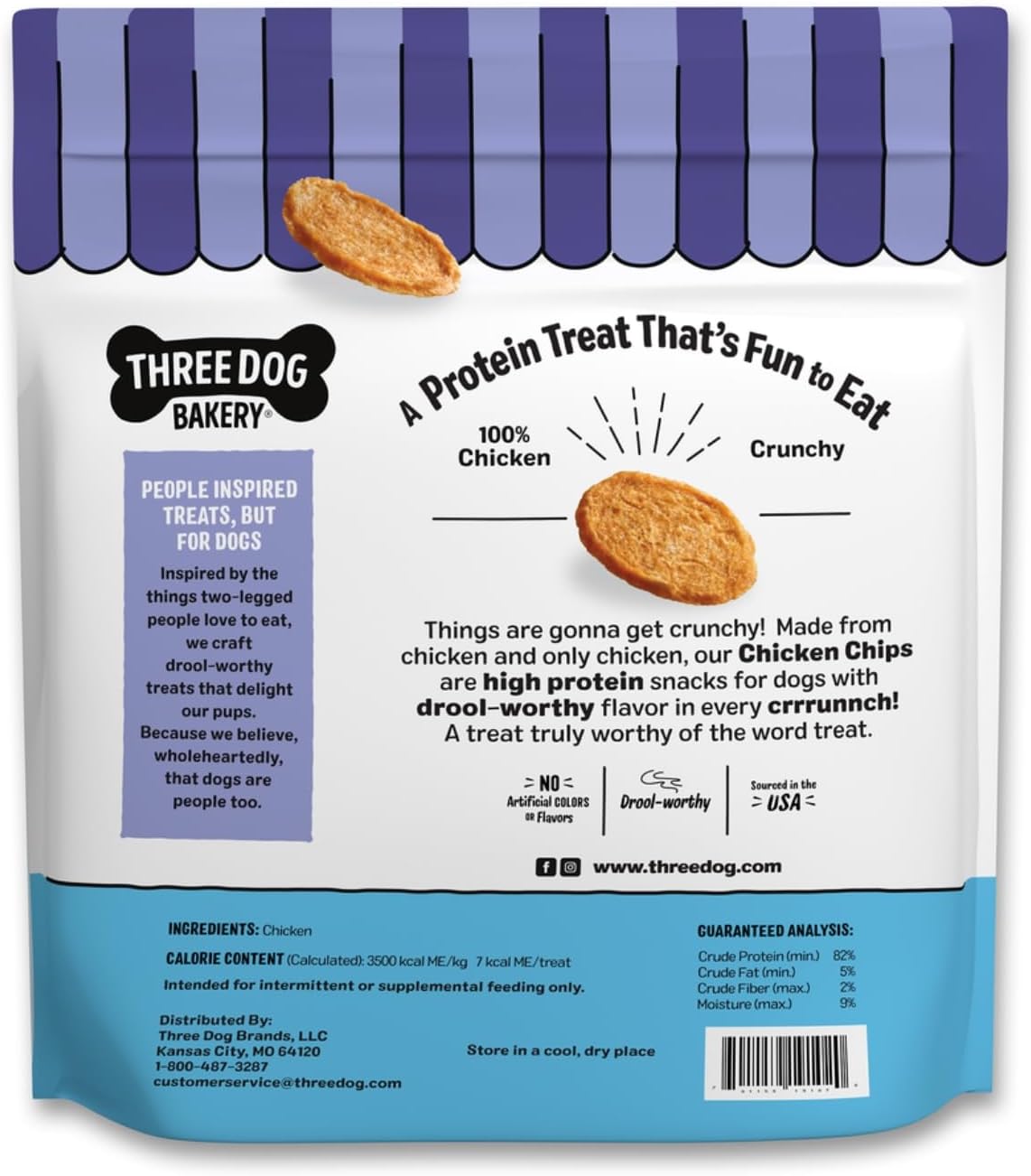 Three Dog Bakery Bark’N Crunch! Chicken Chips, Crunchy Treats for Dogs, Single Ingredient, High Protein Snacks, No Artificial Flavors or Colors, Made in The USA, 15 oz