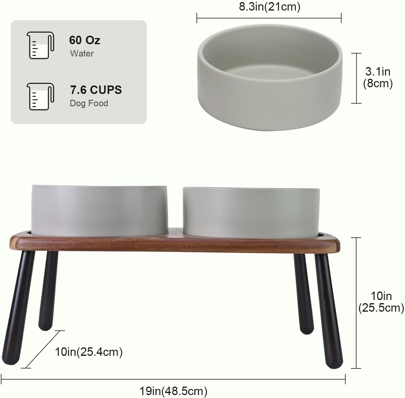 SPUNKYJUNKY Ceramic Elevated Dog Bowls Raised with Acacia Bamboo Wooden Stand, 8.3'' Dog Food Water Bowls Set Non-Slip for Medium Large Sized Breed Microwave Dishwasher Safe - 60 OZ,Grey