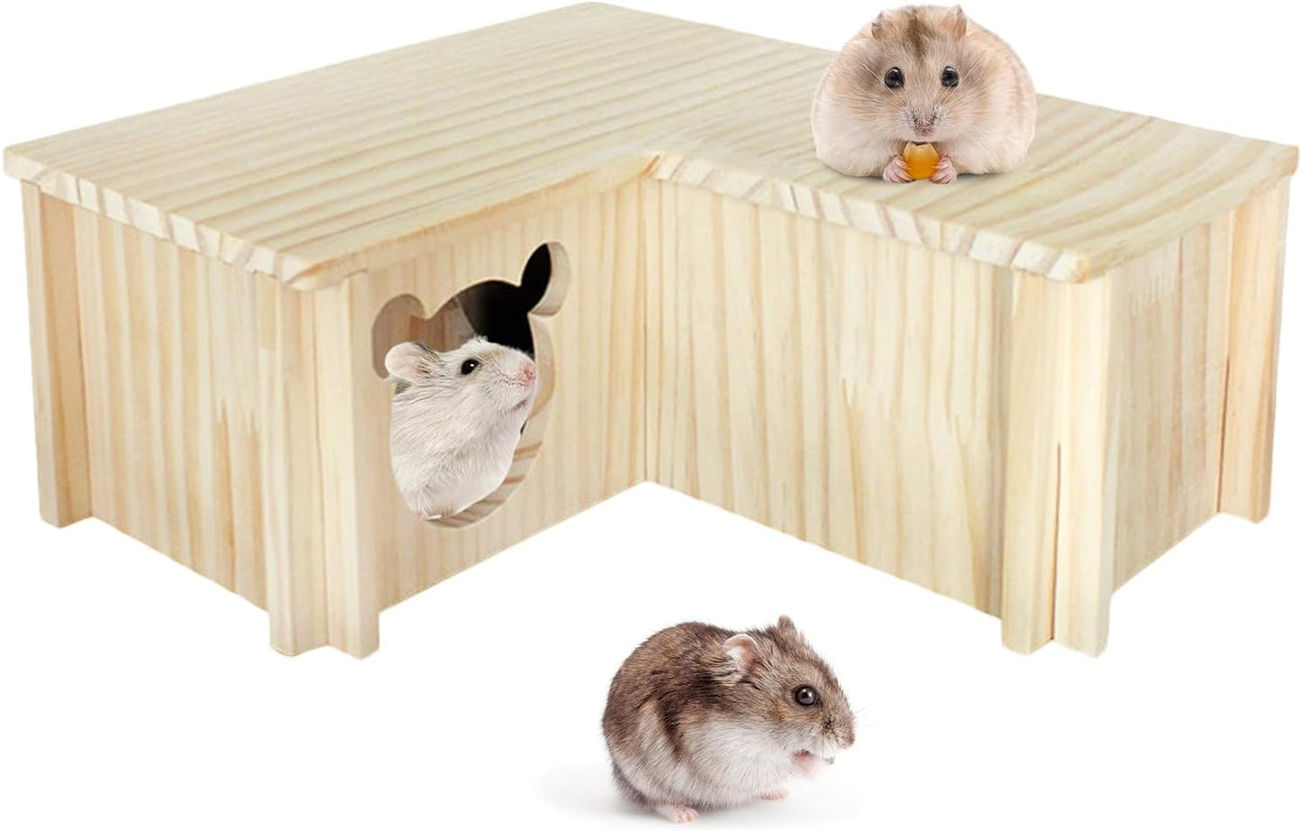 Wooden Hamster Platform and Dwarf Hamster House,Cute Syrian Hamster Tiny House Hideout,Large Balcony Lookout Holes,for Dwarf Gerbils and Mouse Mice Rat Other Small Animals(F)