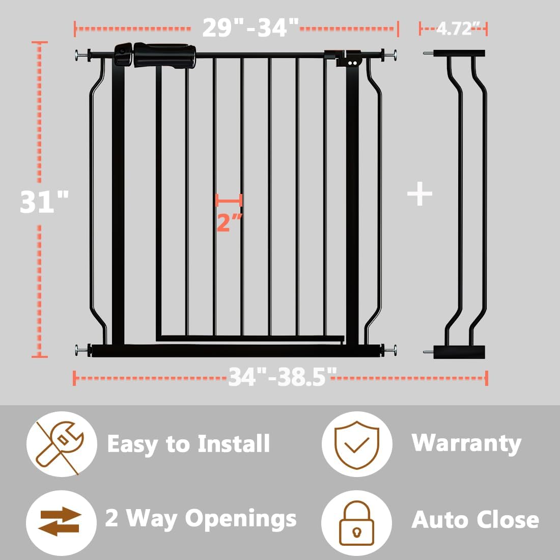 Fairy Baby Walk Through Baby Gate 34-38.5 Inch Wide, Pressure Mounted Safety Gate with Door No Drill, Tension Metal Gate for Dog and Toddler, Black