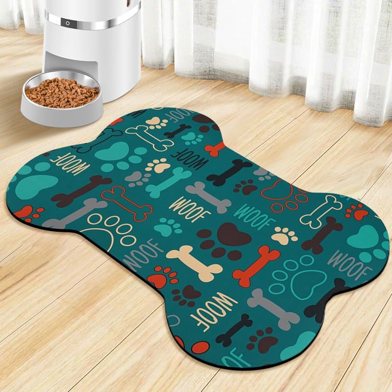Dog Food Mats for Floors Waterproof, Pet Feeding Absorbent Water Bowl Mat Cat Placemats Green Bone Shape 25.5 * 17 inch