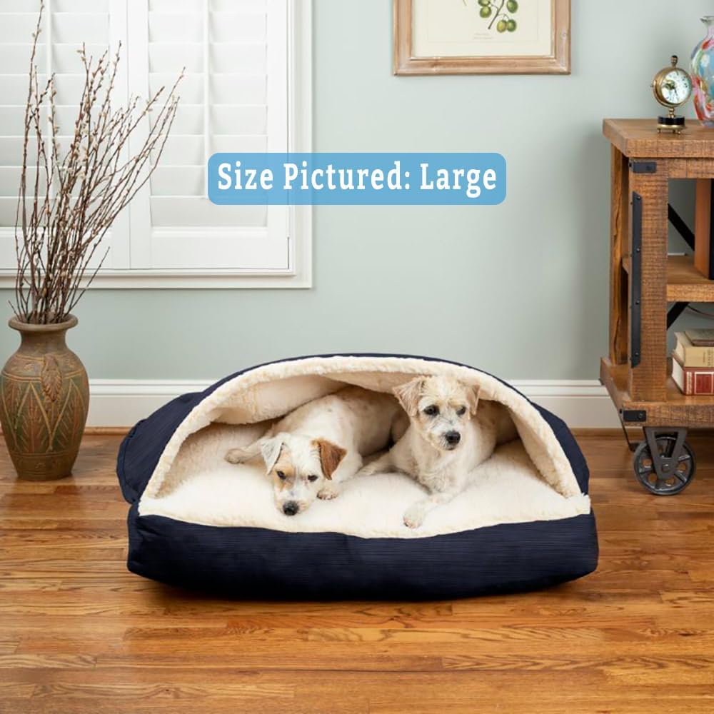 Snoozer Rectangle Cozy Cave Dog Bed - Indoor Dog Bed with Cover Cave, Covered Calming Burrow for Large Sized Pets with Blanket Attached, Enclosed, Washable - XL, Navy