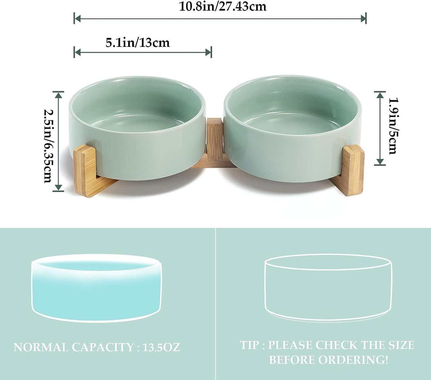 SPUNKYJUNKY Ceramic Dog and Cat Bowl Set with Wooden Stand, Modern Cute Weighted Food Water Set for Small Size Dogs (13.5OZ) & Medium Sized Dogs (28.7OZ) & Cats (1.7 Cups, 2 × Light Green)