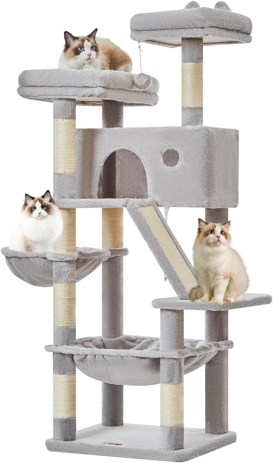 Taoqimiao Cat Tree 57.5-Inch, Cat Tower for Indoor Cats Large Adult, Extra Large Cat Condo, 8 Sisal Scratching Posts, Metal Frame Cozy Hammock, Durable Scratch Board, 2 Top Perches, Light Gray MS026W