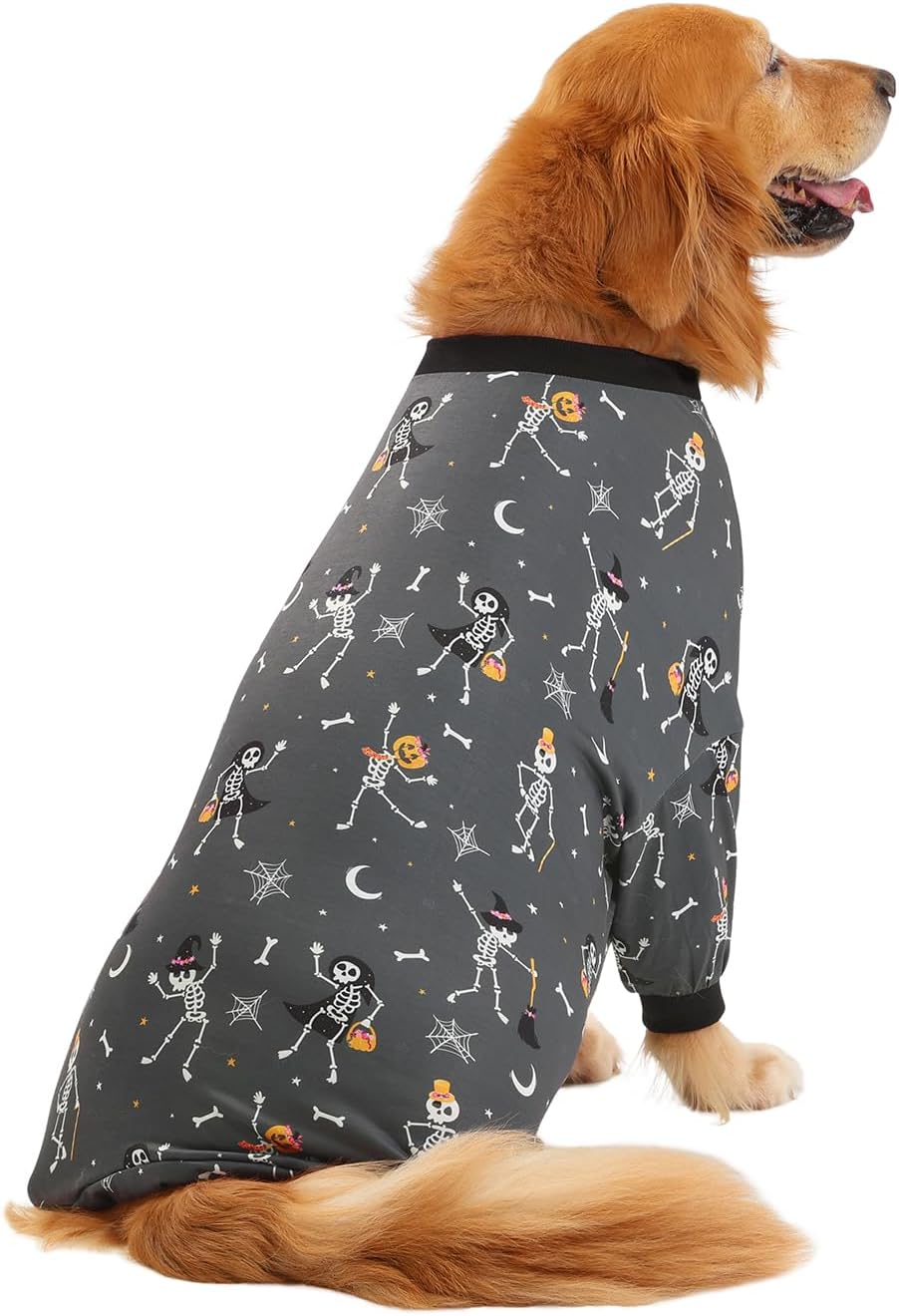 HDE Dog Pajamas One Piece Jumpsuit Lightweight Dog PJs Shirt for M-3XL Dogs Skeleton Bones - L