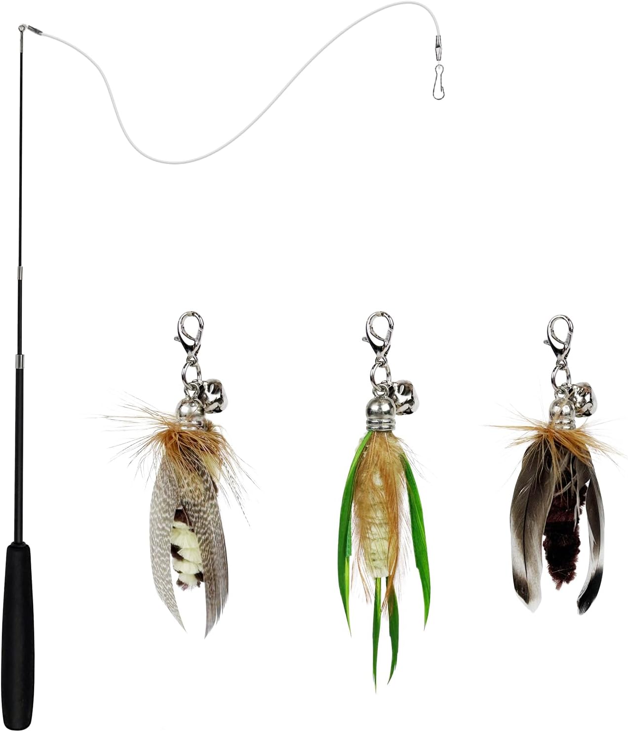 TTcat Cat Feather Wand Toys,Retractable Wand Toy with 3 Mini Insect Refills, Transparent Carbon Wire,Interactive Cat Toy Kitten Toy for Indoor Cats to Play Chase Exercis