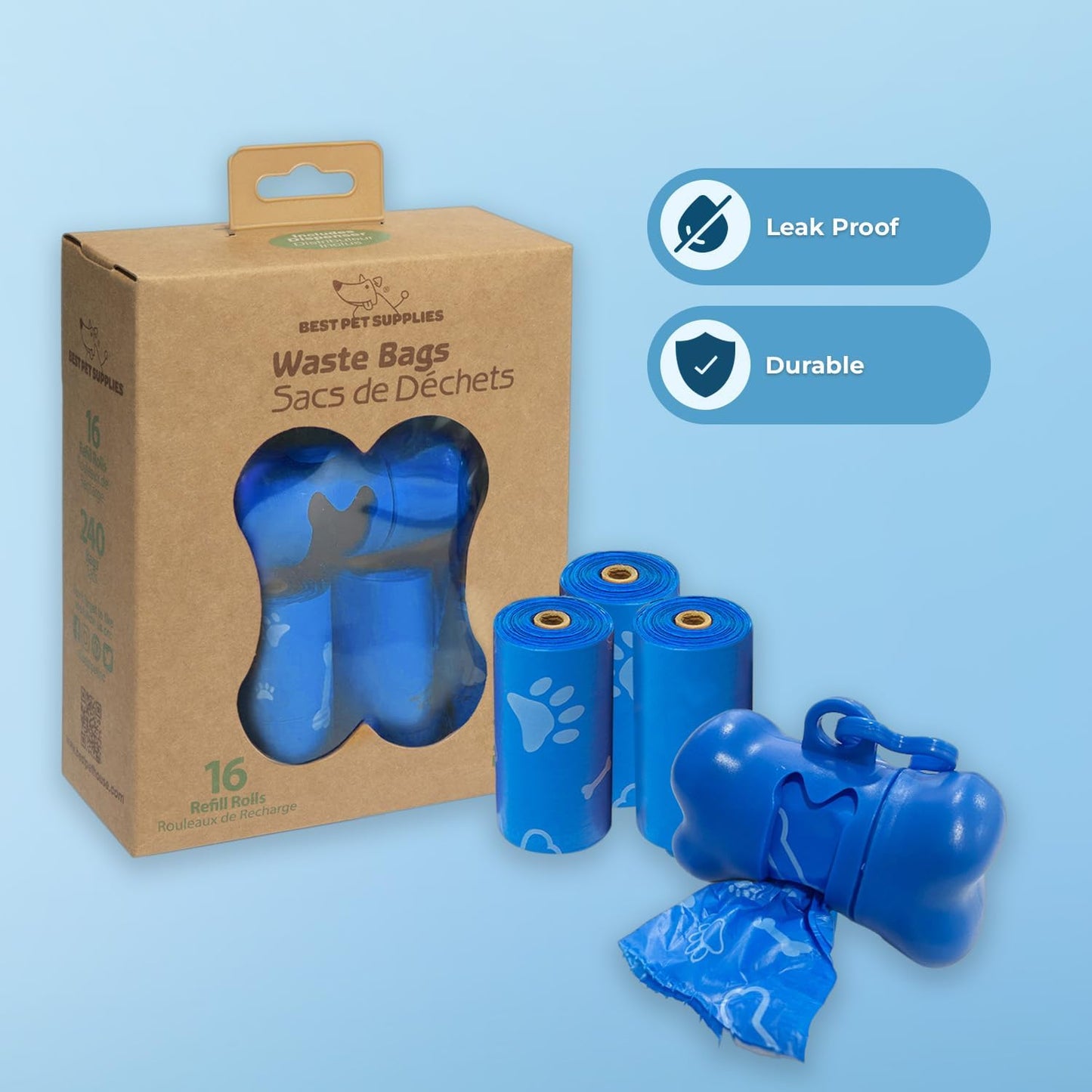 Best Pet Supplies Dog Poop Bags (240 Bags) for Waste Refuse Cleanup, Doggy Roll Replacements for Outdoor Puppy Walking and Travel, Leak Proof and Tear Resistant, Thick Plastic - Blue (Unscented)