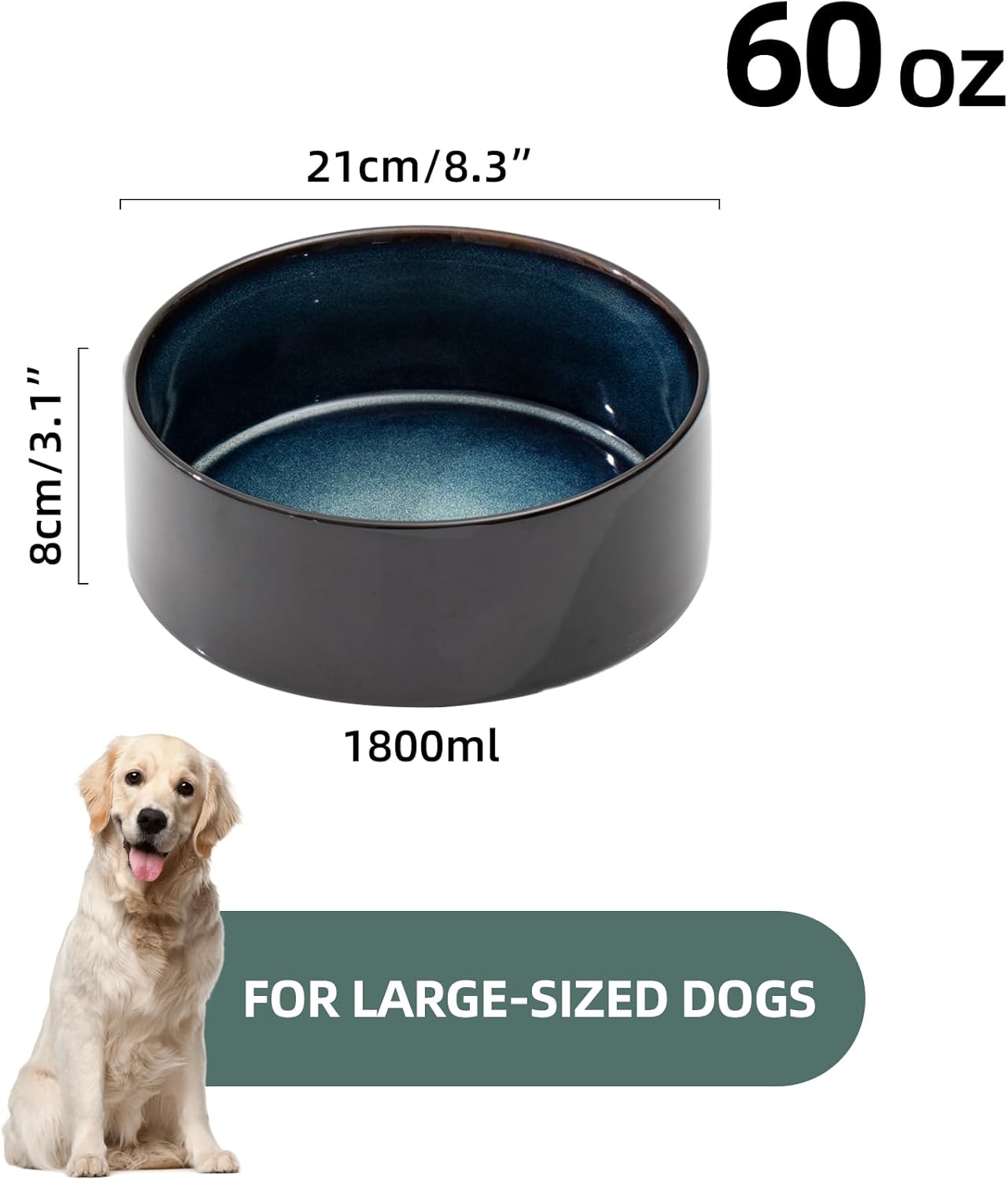 Ceramic 8.2inch Dog Bowl for Large-Breed Dogs, Anti-Slip and Weighted Pet Food and Water Bowl (Single Bowl - Starry Sky)