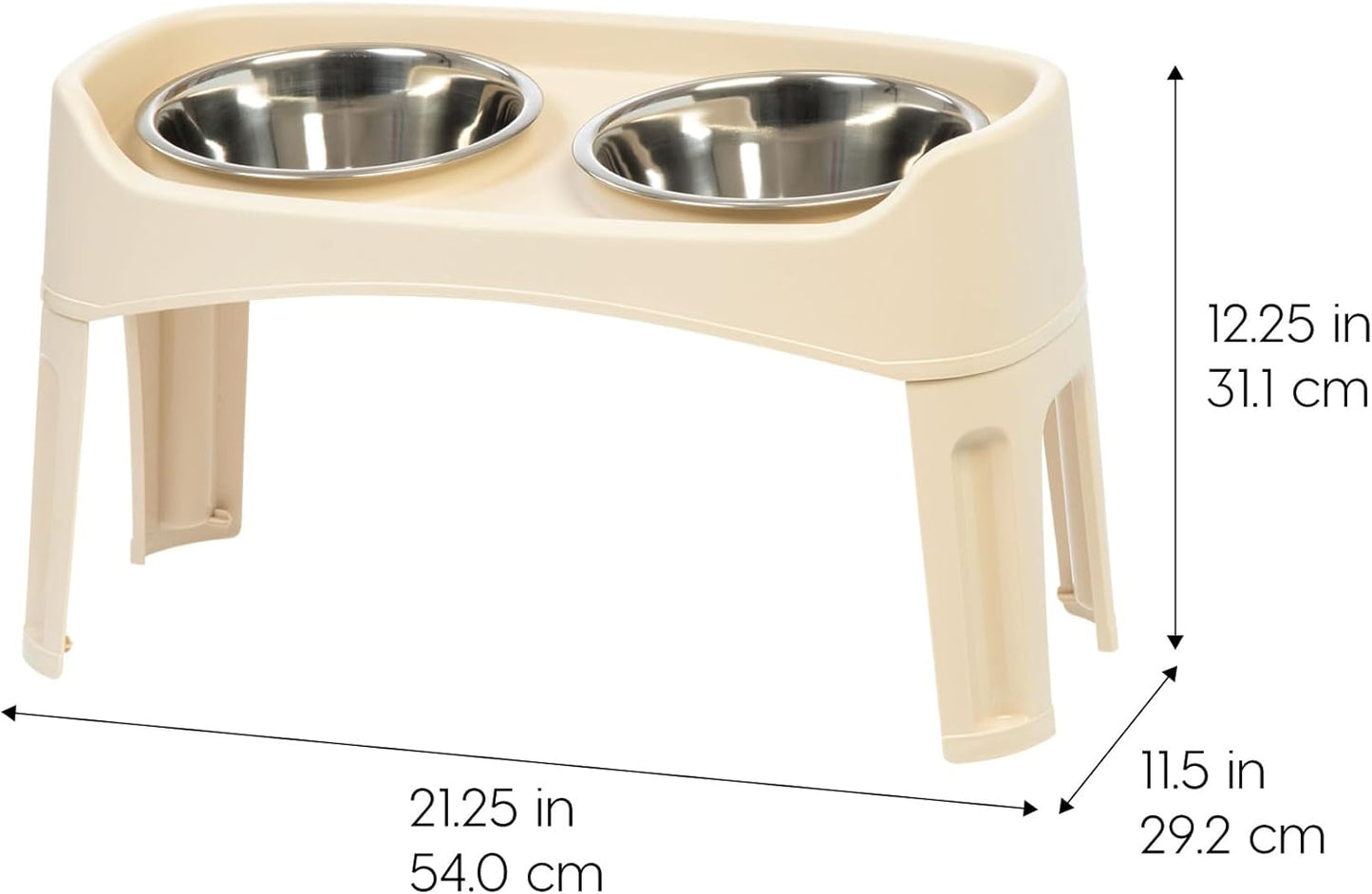 IRIS USA Elevated Dog Bowls, Adjustable Height, 2 Thick 64 oz Stainless Steel Bowls, Spill-Proof with Raised Outer Rim, Durable Made in USA Plastic, Easy Assemble, 2 Heights 4.63" or 12.25" Almond