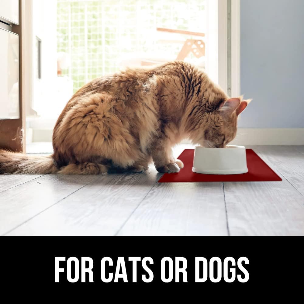 GORILLA GRIP 100% Waterproof Raised Edge BPA Free Silicone Pet Feeding Mat, Dog Cat Food Mats Contain Spills Protects Floors, Placemats for Cats and Dogs Water Bowl, Pets Accessories 23x15 Red