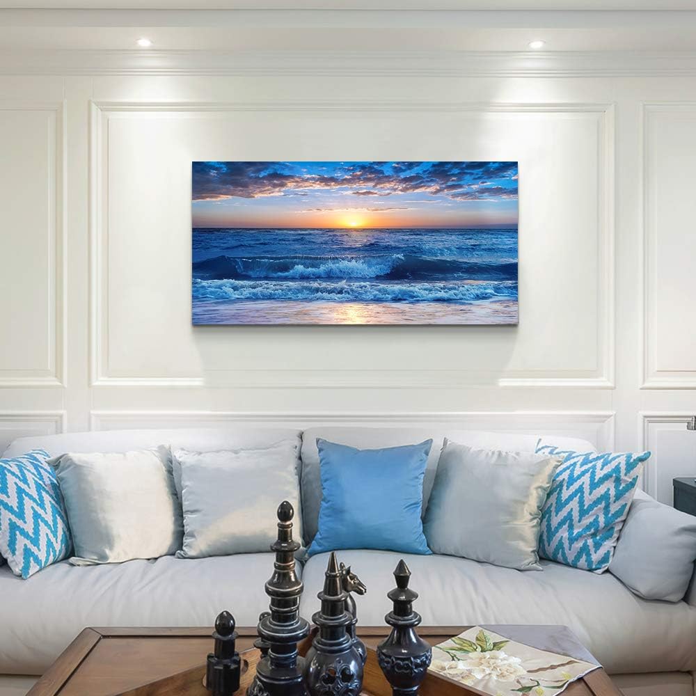 canvas wall art for living room Blue Ocean Sea sun landscape painting bathroom Wall Decor Ready to Hang for Home Decorations office family bedroom kitchen Works canvas Prints pictures 20" x 40"inch