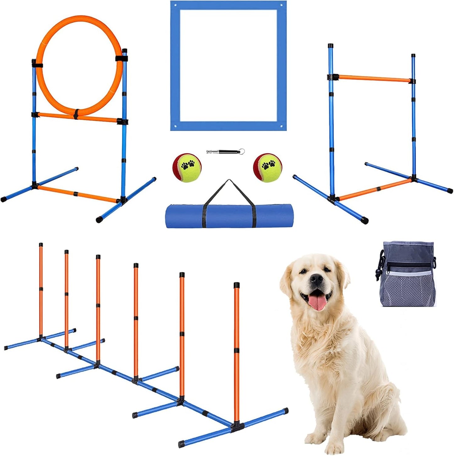 Dog Agility Equipment Set, Obstacle Courses Training Starter Kit Includes Adjustable High Jump Hurdle, Hoop, Weave Poles, Pause Box, Treat Pouch with Easy Carry Bag