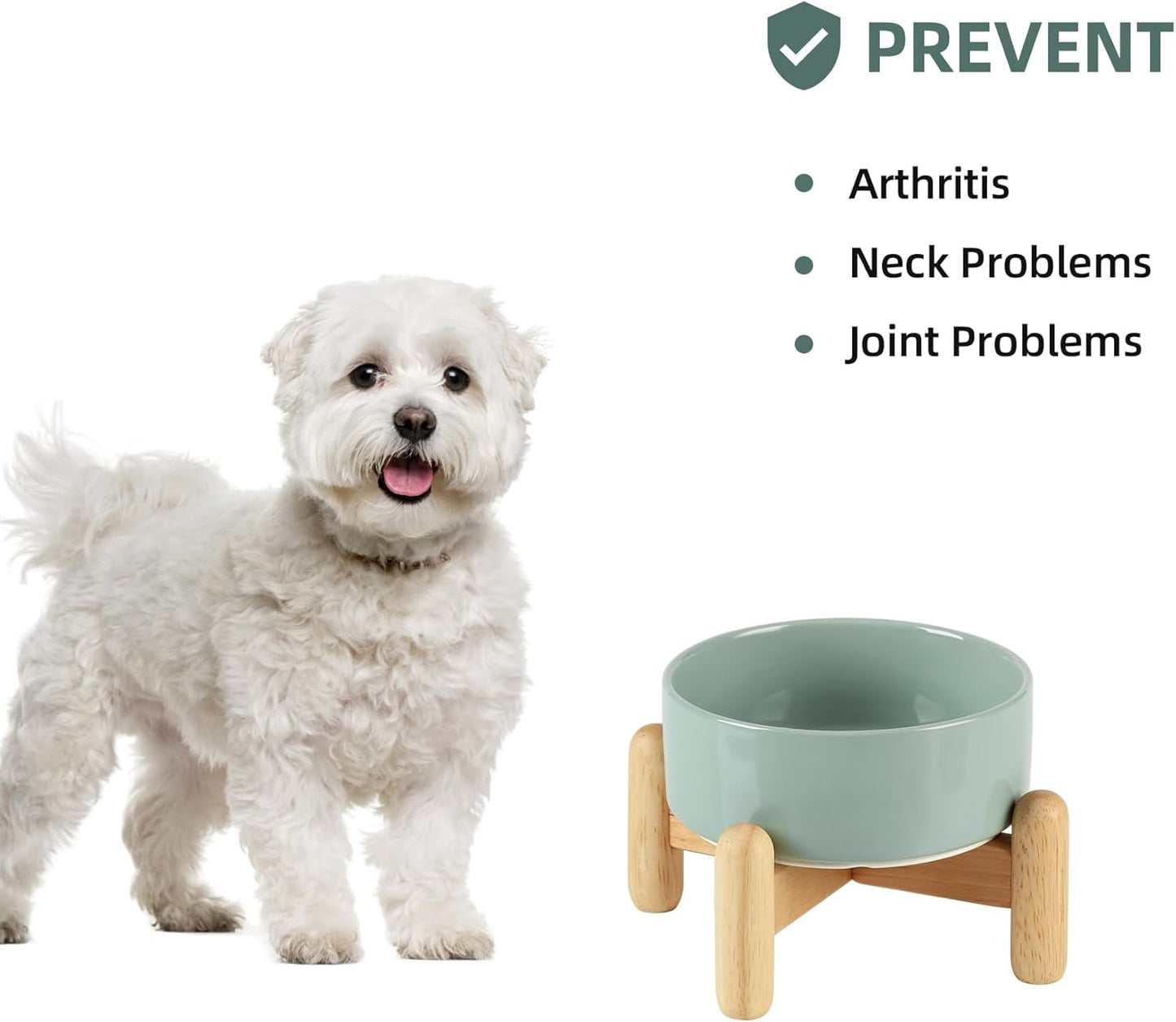 Ceramic 5.1inch Raised Dog and Cat Bowl Set, Elevated with Wooden Stand, Food and Water Bowl for Small Breed Dogs, Cats, Kitty, Weighted Dog Dishes, Pet Bowls(13.5oz, Light Green)