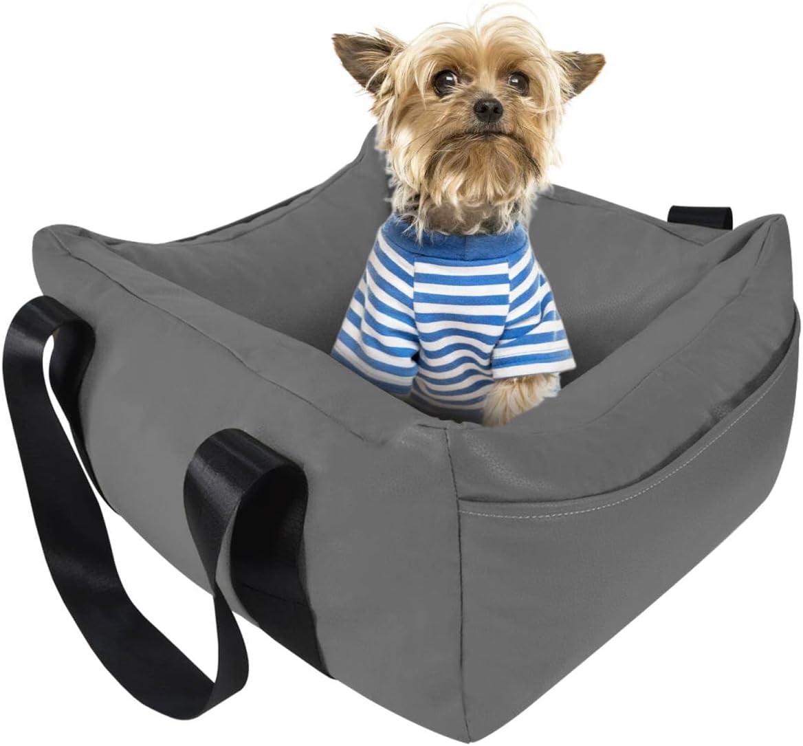 Dog Car Seat for Small Dogs, Large Leather Dog Car Bed with Storage Pocket, Waterproof PVC Leather Booster Seat Travel Bed for Front & Back Seat, Clip-On Safety Leash (Black/Grey)