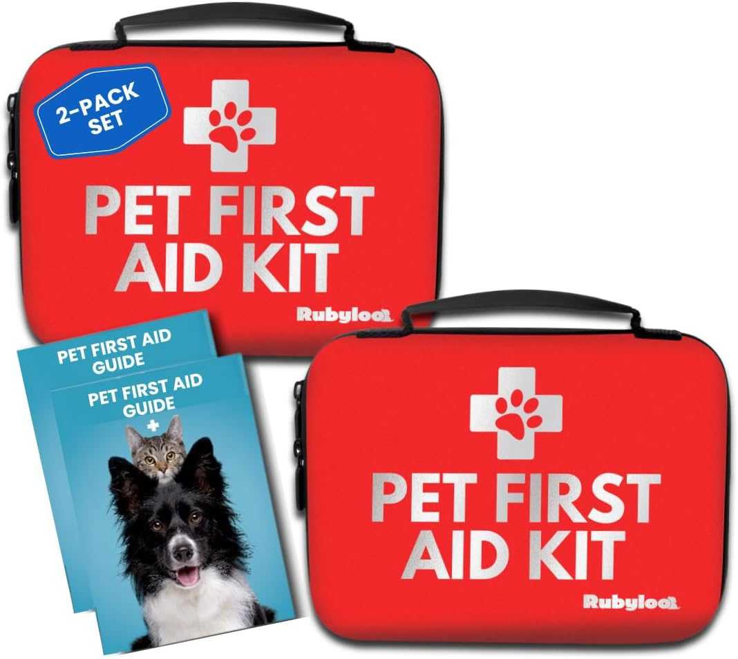 Dog First Aid Kit 2-Pack – Vet-Approved Pet First Aid Supplies for Dogs & Cats in Emergencies – Pet First Aid Guide, Tick Remover, Slip Leash & Medical Essentials for Home, Camping, Car, Travel