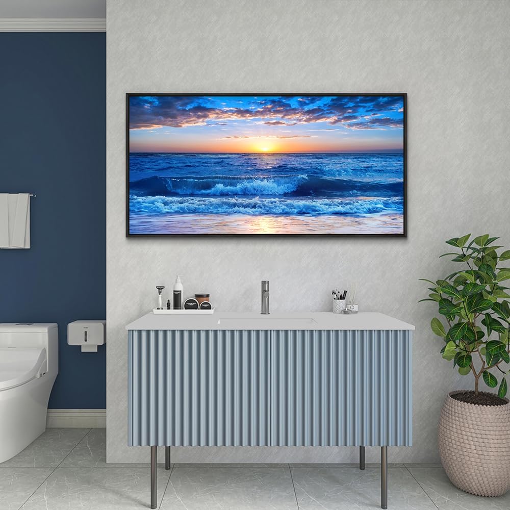 Wapluam Large Canvas Art - Blue Ocean Beach Scene, Sunny Sea View, Wave Wall Pictures, Black Framed Home Decor