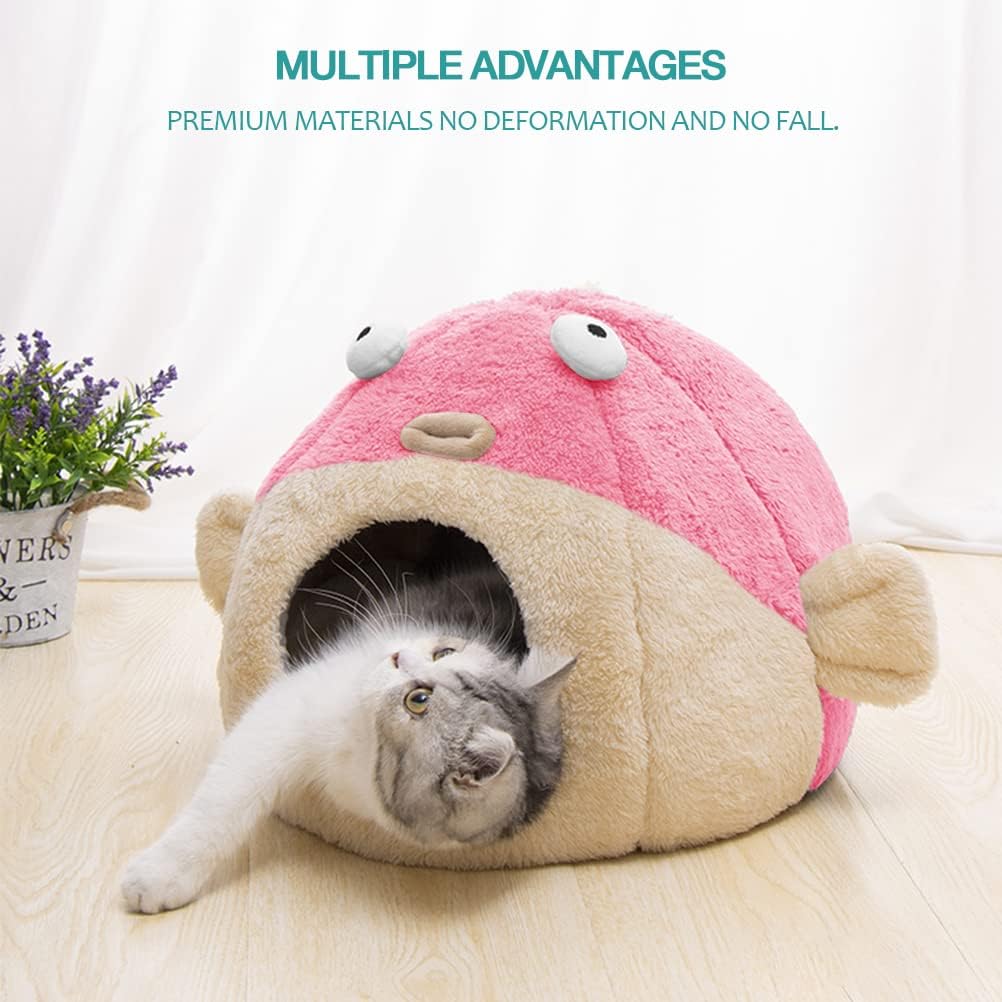 Cat Beds for Indoor Cats - Cat Bed Cave with Removable Washable Cushioned Pillow, Soft Plush Premium Cotton No Deformation Pet Bed, Lively Pufferfish Cat House Design, Pink, Multiple Sizes(L)