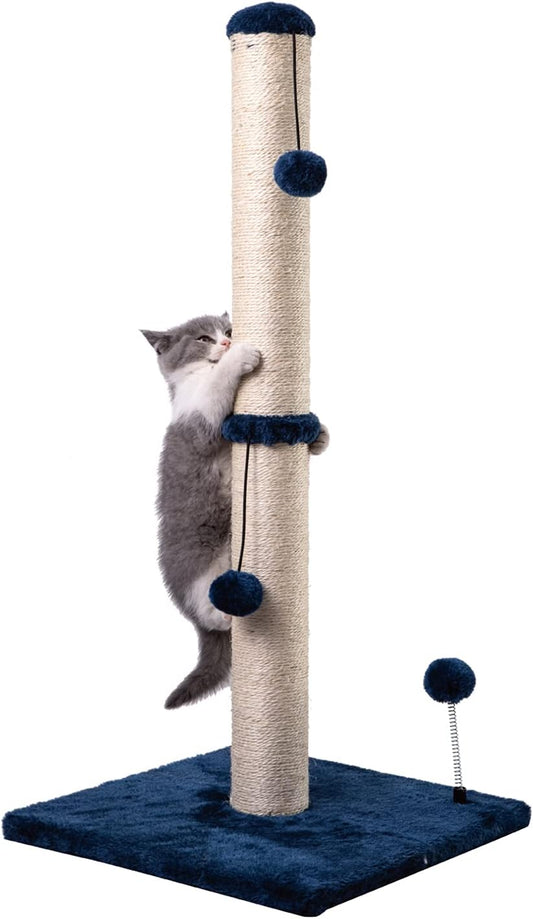 MECOOL 34“ Tall Cat Scratching Post Premium Basics Kitten Scratcher Sisal Scratch Posts Trees with Hanging Ball for Indoor Cats, Navy