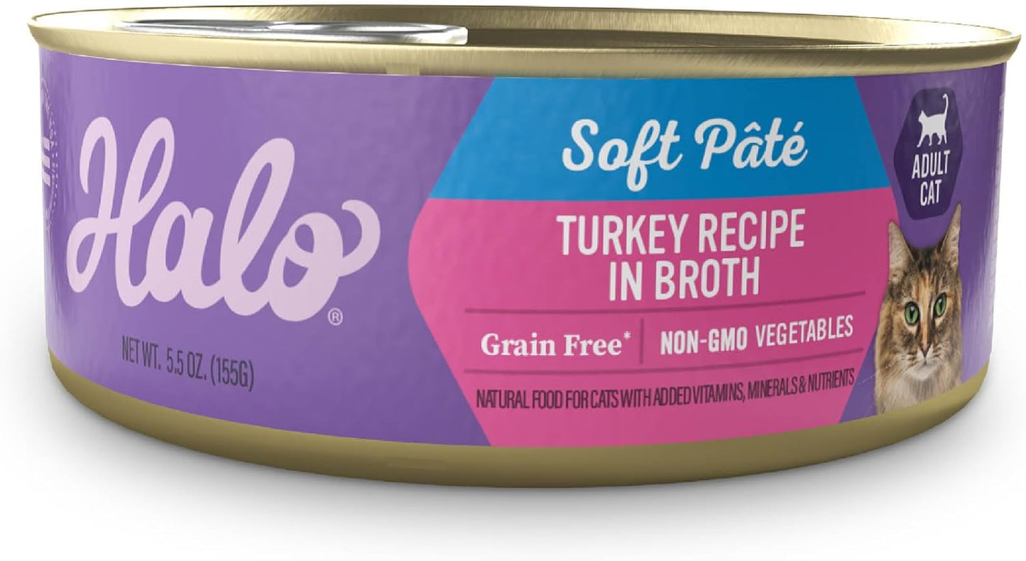 Halo Wet Cat Food Whole Turkey Stew Recipe, Grain Free Wet Cat Pate, Canned Cat Food for Extra Hydration, 5.5 Oz Can (Pack of 12)