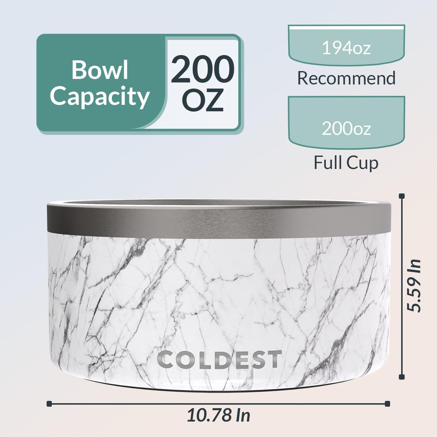 Coldest Dog Bowl - Anti Rust Metal, Non Slip, 3 Layers Insulated Stainless Steel Dog Bowls - Spill Proof & Heavy Duty - Water Bowl for Dogs, Cats & Pets, Dish Washer Safe (200 oz, Carrara Marble)