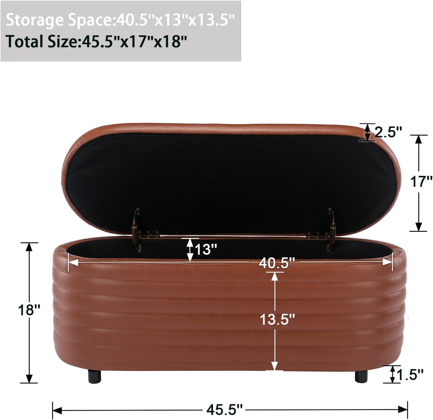 Storage Ottoman Bench Upholstered PU Leather End of Bed Stool with Safety Hinge for Bedroom, Living Room, Entryway (44.5-inch, Brown), TN2436