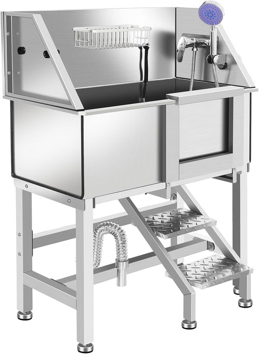 Stainless Steel Dog Washing Station for Large Dogs, Dog Grooming Tub for Home, Professional Dog Bathtub Bathing Station, Pet Wash Station, Dog Shower Tub with Stairs, Drain & Door,34" R-RAMP