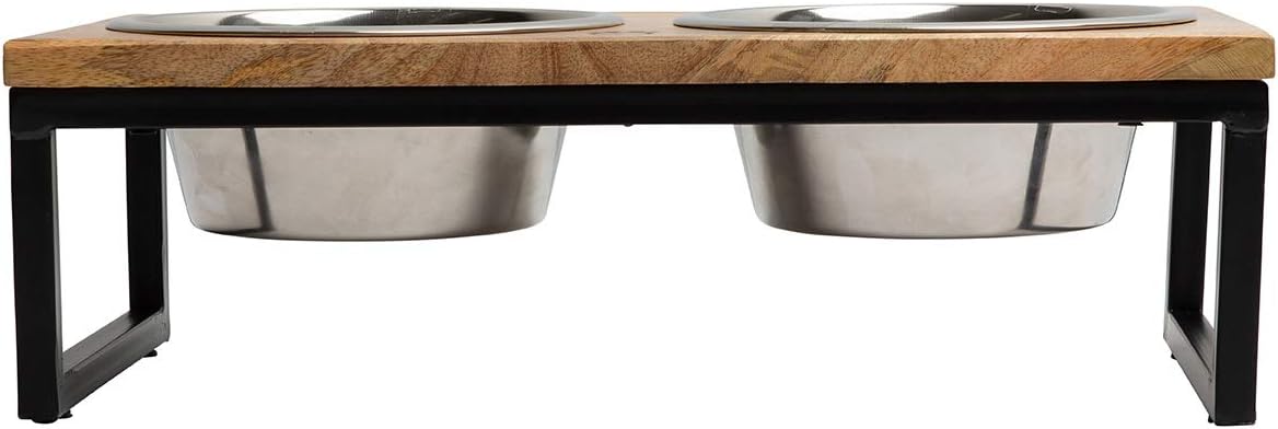 Mango Wood Dog Bowl Stand - Elevated Pet Feeder with 2 Stainless Steel Bowls - Raised Food and Water Dish Set for Dogs and Cats, Available in 4 Sizes, Pet Dining Station, Small/10oz