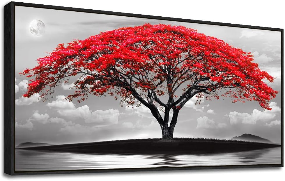 Framed Canvas Wall Art For Living Room Bathroom Wall Decor Black And White Landscape Red Tree Moon Scenery Hang Painting Home Decorations For Office Bedroom Kitchen Works Canvas Prints Pictures