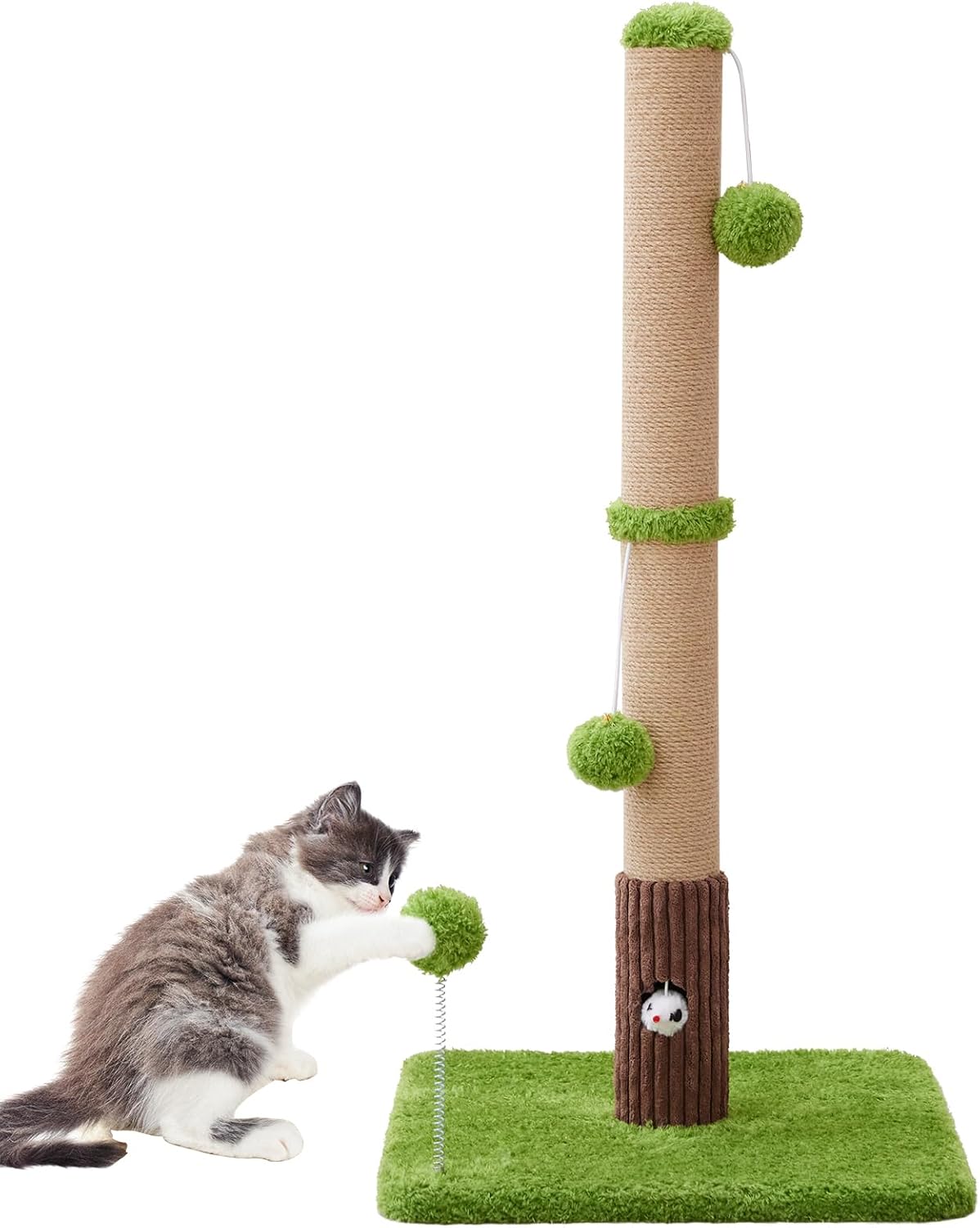 33" Tall Cat Scratching Post for Indoor Cats, Premium Sisal Scratch Posts with Cat Toys and Fun Mouse Holer for Cats at All Ages, Scratcher Tree with Reinforced Stable Base (Green)