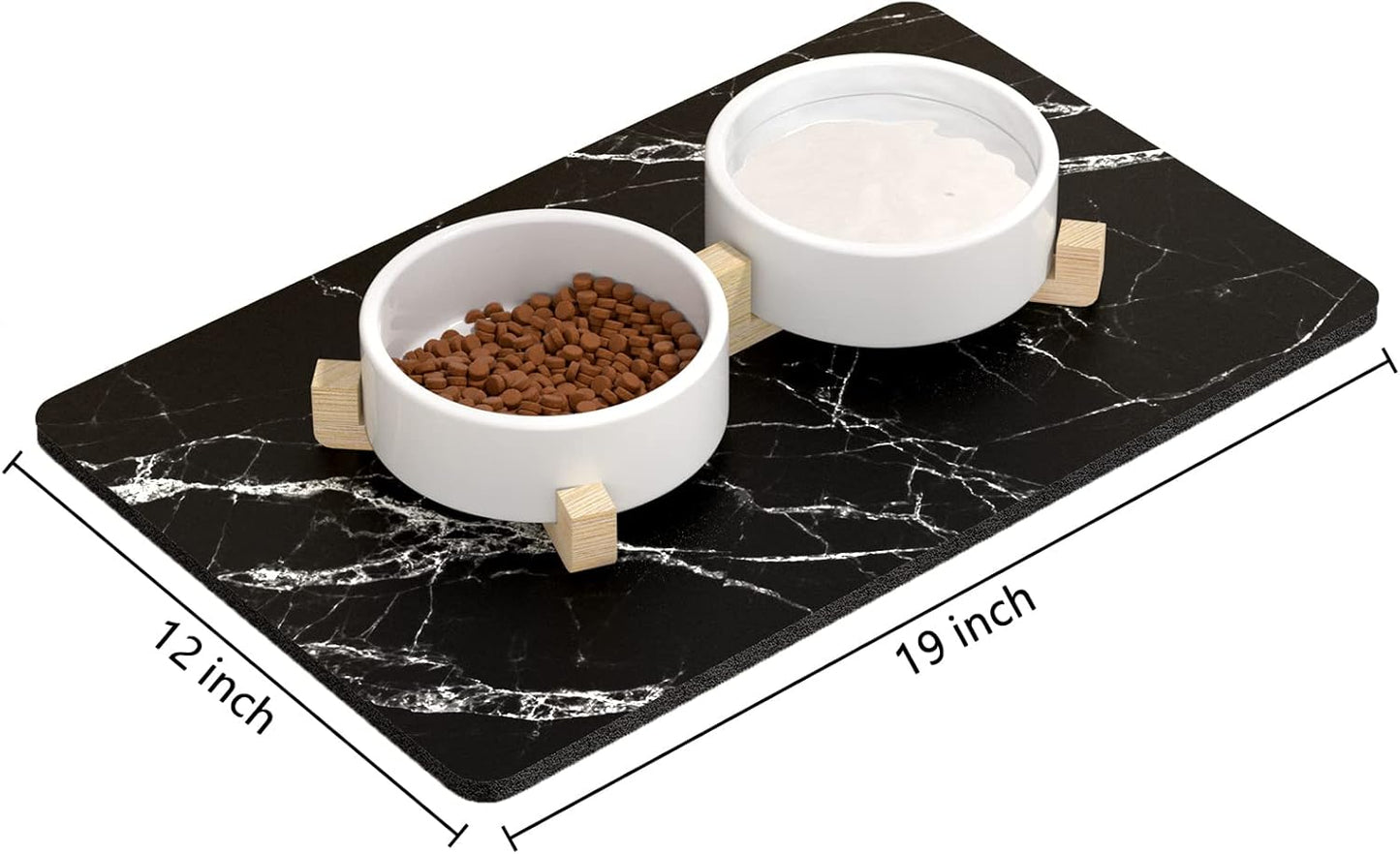 Rnivvi Dog Food Mat, 12" x 19" Marble Absorbent Dog Cat Bowl Mat for Food and Water, Cute Anti-Slip Rubber Pet Feeding Rug Protect Floors, Puppy Placemat for Feeding & Watering Supplies, Black