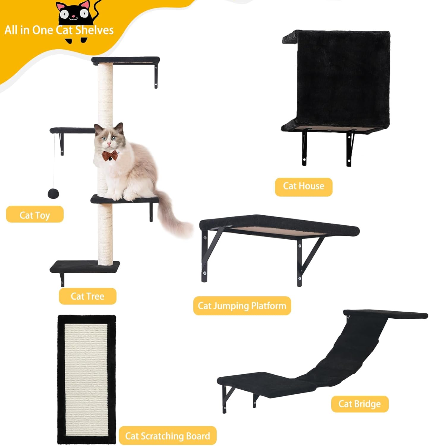 Modern Wall-Mounted Cat Furniture - 5pcs Cat Wall Shelves, Wooden Climber Includes House, Bridge, Tree, Steps, and Scratcher (Black)