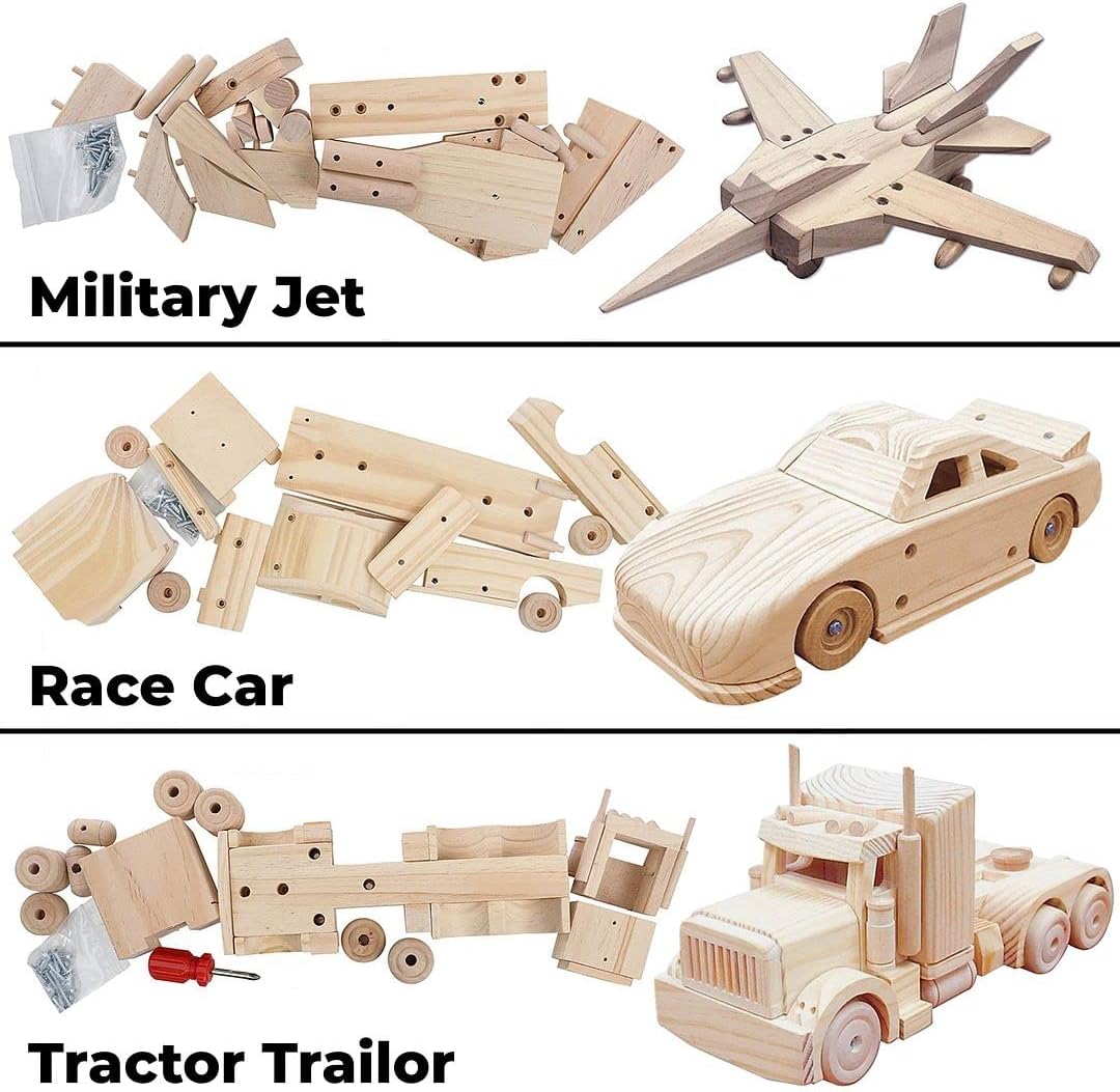 Kraftic Woodworking Building Kit for Kids and Adults, 3 Educational DIY Carpentry Construction Wood Model Kit Toy Projects for Boys and Girls - Build a Wooden Military Jet Race Car and Tractor Trailer
