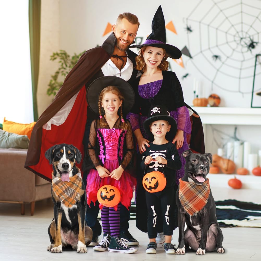 Vivifying Halloween Dog Bandana, 2 Pack Fall Thanksgiving Classic Plaid Dog Scarf with Tassels Edges, Funny Pet Apparel & Accessories Costume for Photo Prop, and Party Decor (Large, Yellow&Orange)