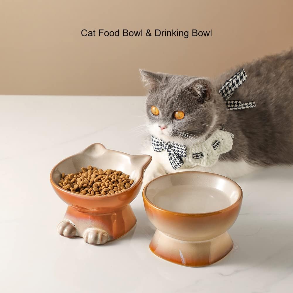 Nihow Elevated Cat/Dog Bowls Set : 5 Inch Ceramic Raised Cat Food & Water Bowl Set for Protecting Pet's Spine - Feeding & Watering Supplies for Pets - Elegant Brown (2 PC)