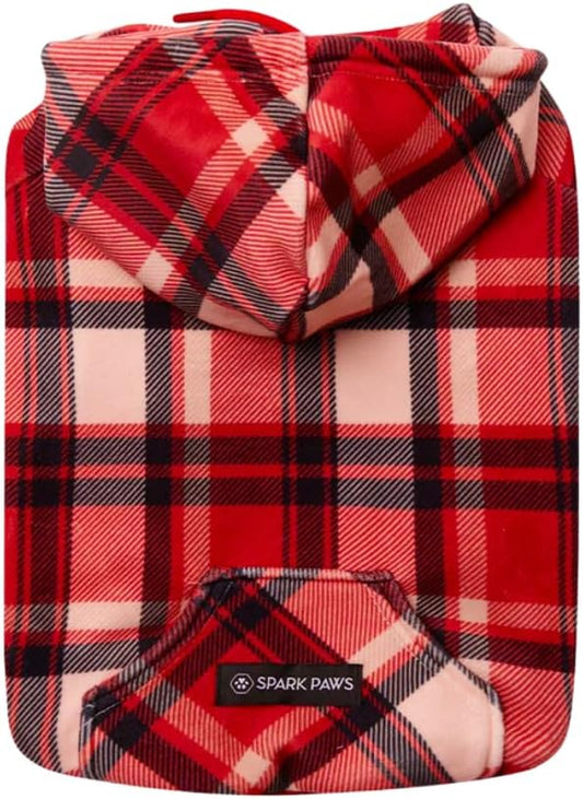 Spark Paws Dog Hoodie – Premium Dog Sweater for Small, Medium, and Large Dogs | Warm Outfits for French Bulldogs, Pitbull, Puppy, Winter Jacket Alternative - Red Plaid, S