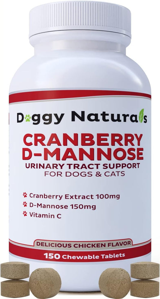 Cranberry D-Mannose for Dogs and Cats Urinary Tract Infection Support Prevents and Eliminates UTI, Bladder Infection Kidney Support, Antioxidant (Single Strength Tablet, 150 Count)